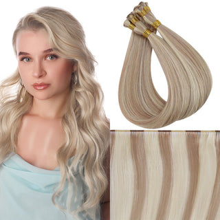 Full Shine Hand Tied Weft Hair Extensions 100% Virgin Human Highlights (#P18/613)-Virgin Handmade Hair Weft-Full Shine