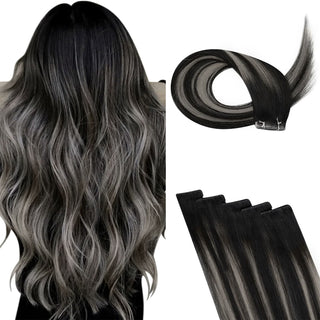 Full Shine Virgin Hair Invisible Tape in Extensions Human Hair Balayage Highlights (#1B/Silver/1B )-Seamless Injection Tape in extension-Full Shine