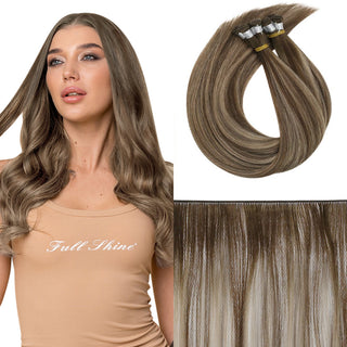 Full Shine Hand Tied Weft Hair Extensions 100% Virgin Human Balayage Highlights (#4/27/4)-Virgin Handmade Hair Weft-Full Shine