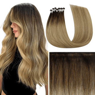 Full Shine Hand Tied Weft Hair Extensions 100% Virgin Human Balayage (#3/8/22)-Virgin Handmade Hair Weft-Full Shine