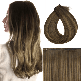 Full Shine Flat Silk Weft Virgin Sew In Human Hair Extensions Balayage (#BM)-Virgin Pu Hair Weft-Full Shine