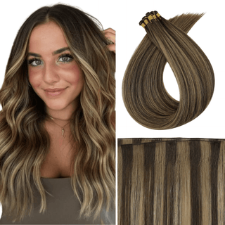 Full Shine Hand Tied Weft Hair Extensions 100% Virgin Human Balayage Highlights (#BM)-Virgin Handmade Hair Weft-Full Shine